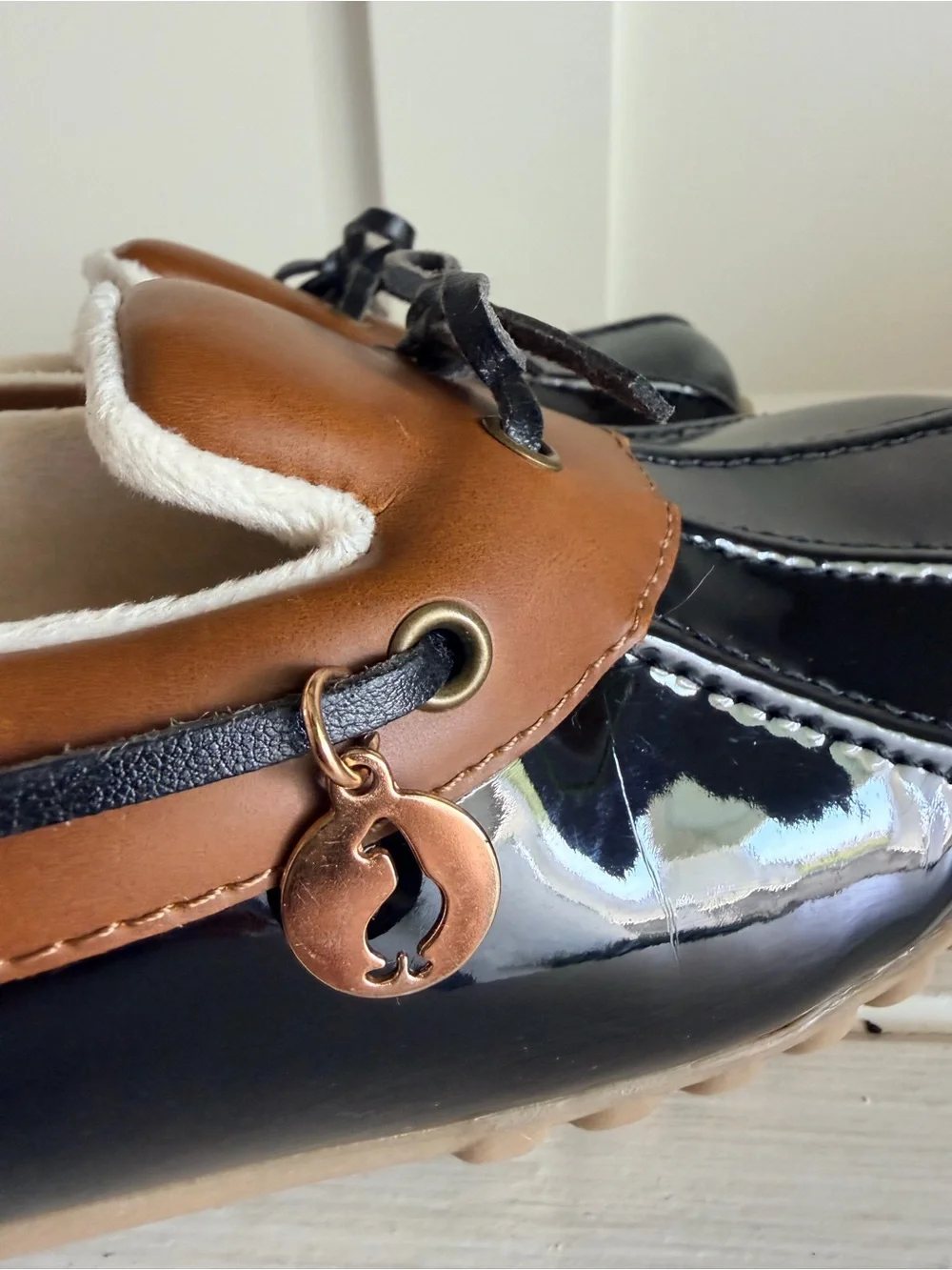 Sporto Patty Waterproof Black Patent Leather Slip On Duck Shoes Loafers